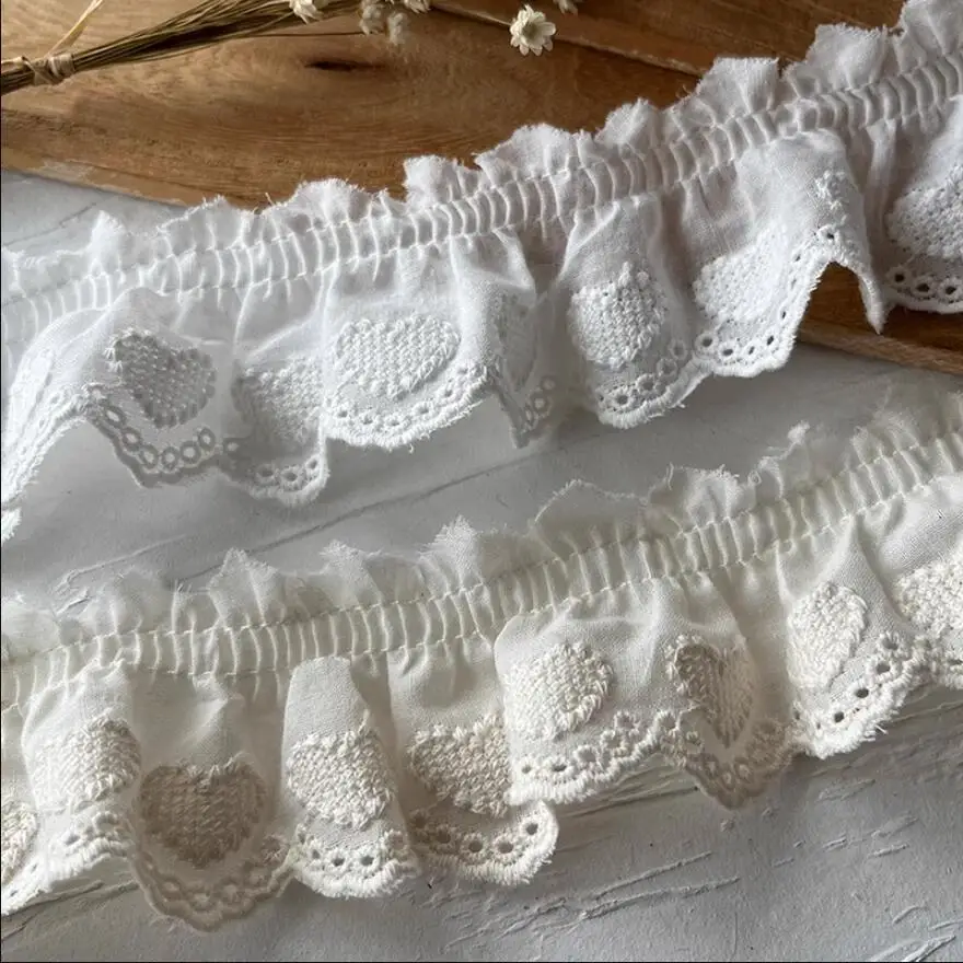 3.7cm wide 2yards/lot White/beige Pure Cotton Heart Embroidered Pleated Lace Baby Clothes Lace DIY Decorative Materials X262