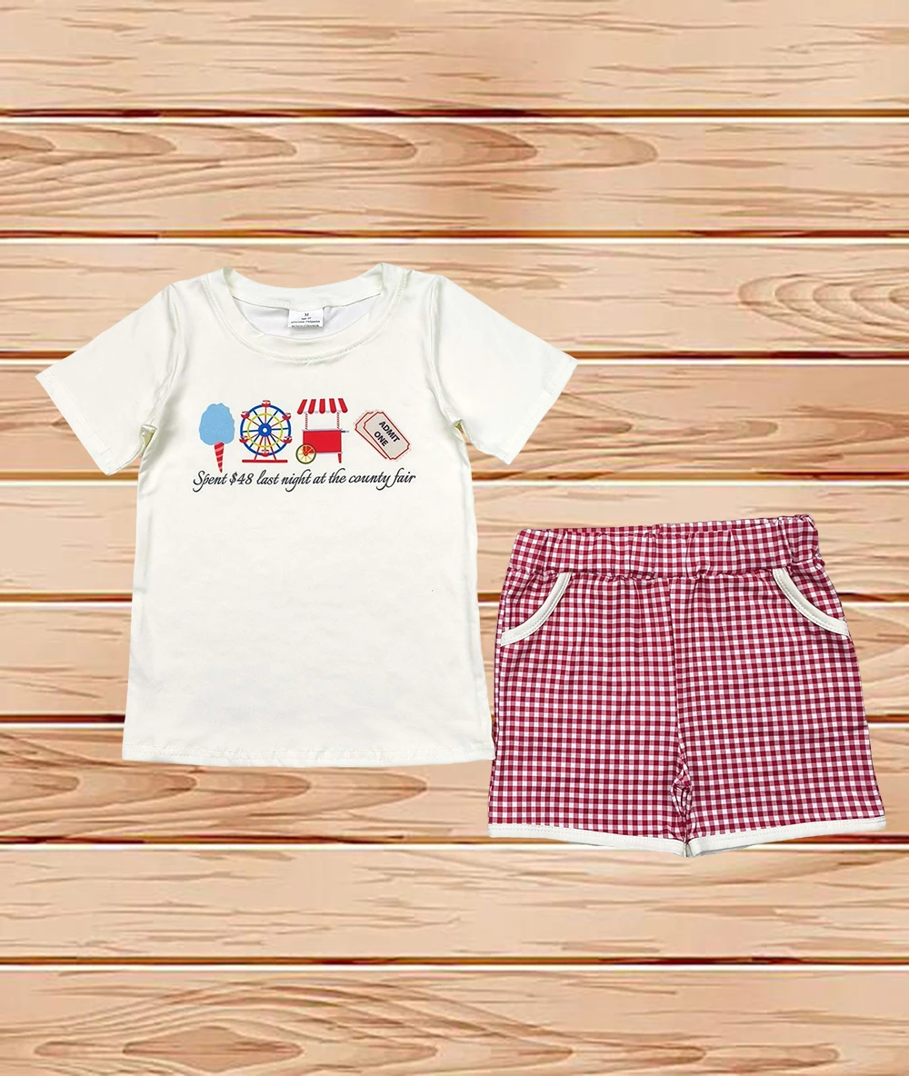 

4.18 Wholesale Western Boutique outfits children clothing Baby Boys Ice Cream Store Top Red Plaid Pockets Shorts Sets