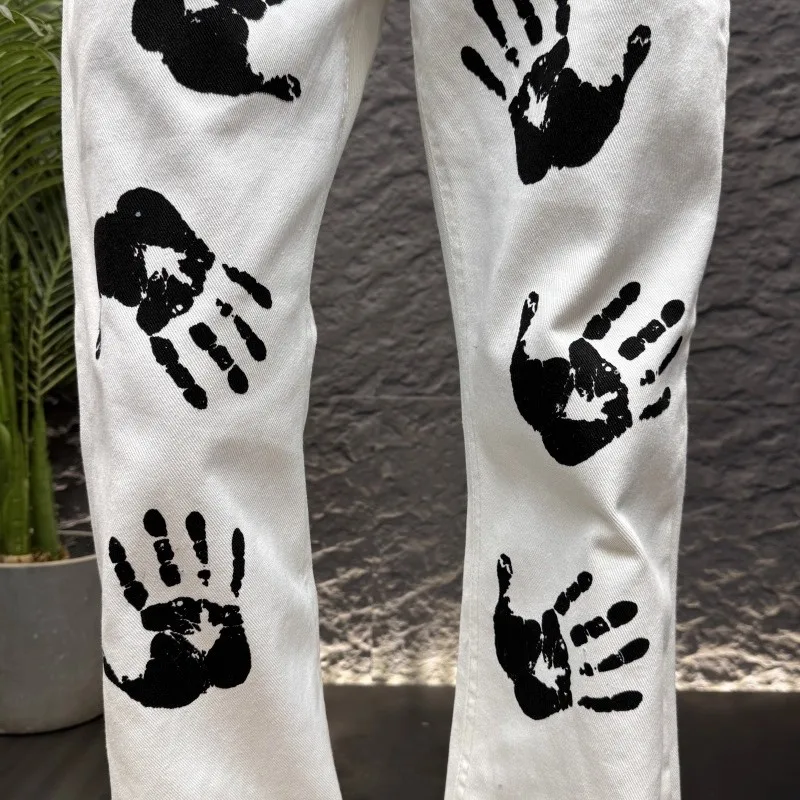 Y2K Techwear Spring New Mens Retro Hand Print Denim Trousers Fashion Hip Hop Vintage White Baggy Jeans For Man Pantalones Hombre view 6