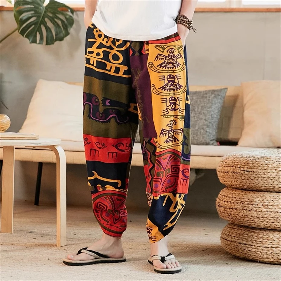 

Large Size Cotton Linen Joggers Pant Men Vintage Chinese Style Print Casual Trousers Streetwear Harajuku Baggy Ankle Length Pant