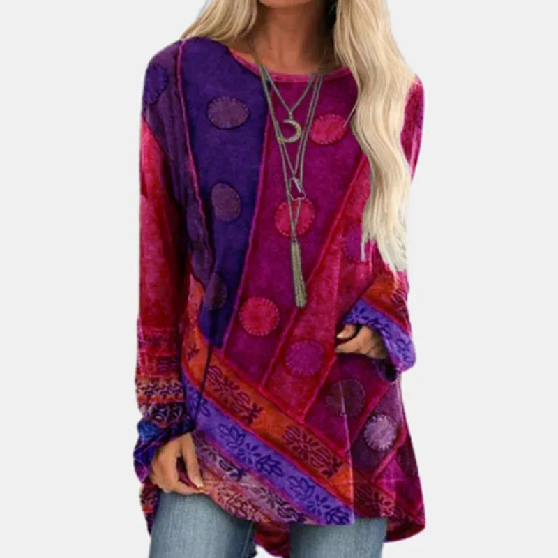 European and American Women\'s Popular Ethnic Style Printed Loose Long Sleeved Oversized Hoodie Fashionable T-shirt 2024