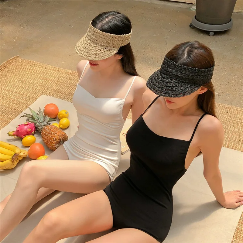Korean Style One Piece Women Swimsuit Solid Vintage Simple Sexy Backless Swimwear Bathing Suit Monokini Beachwear