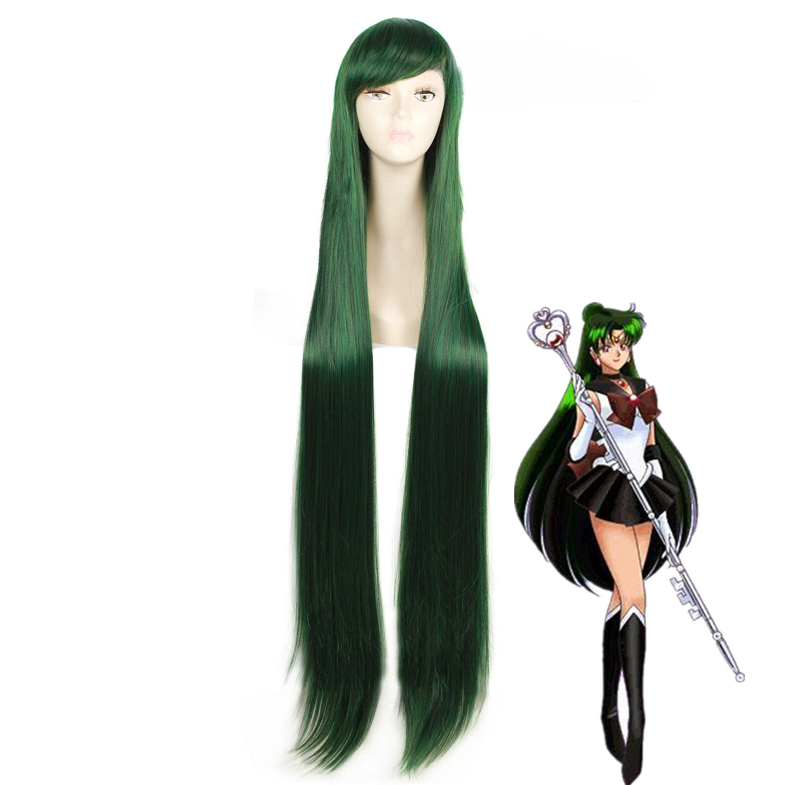 Anime Sailor Pluto Meiou Setsun Wig Cosplay hijau tua lurus panjang