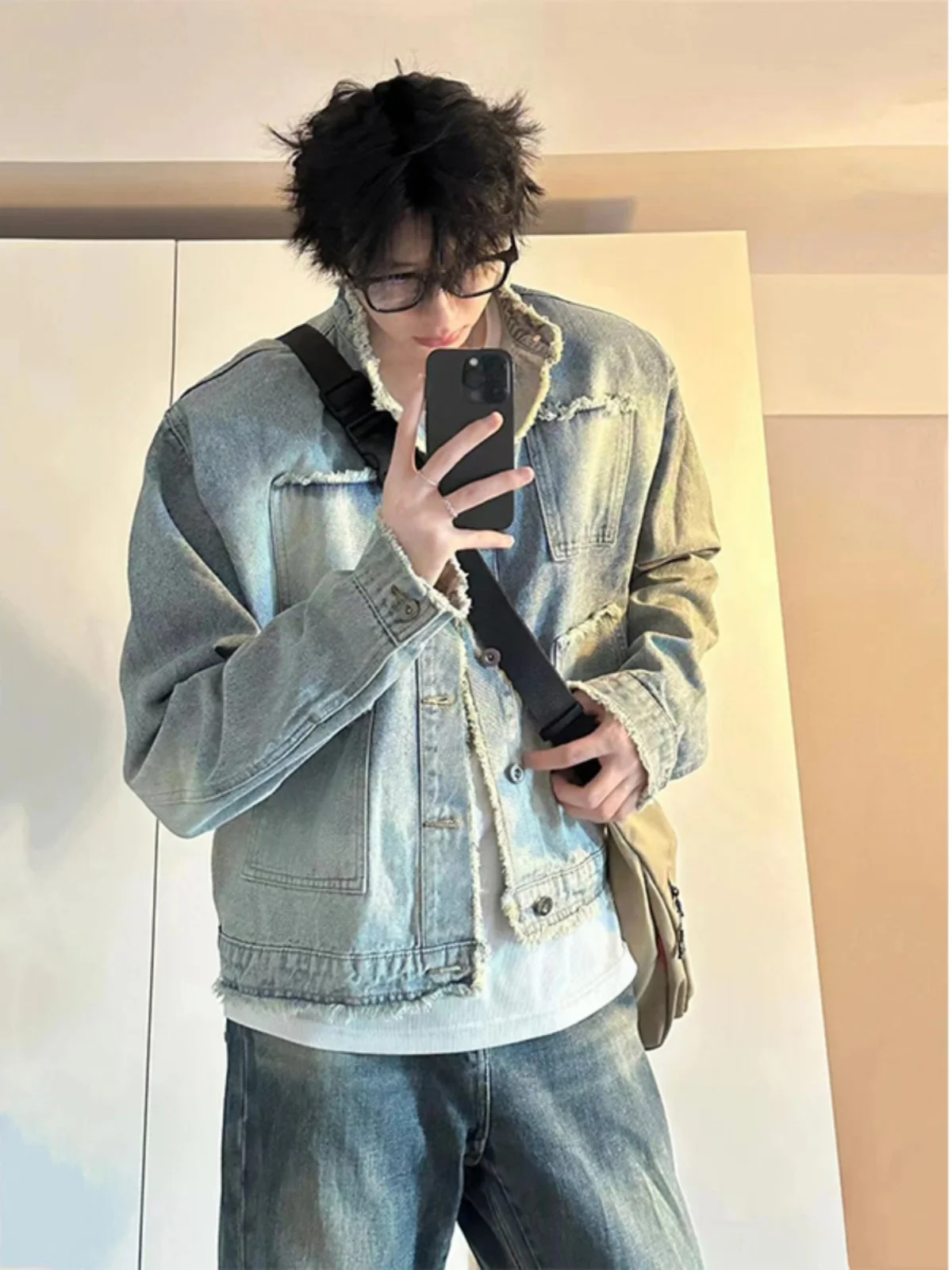 

Светло-голубая мужская джинсовая куртка с множеством карманов в американском ретро-стиле, приталенная, молодежная, модная верхняя одежда