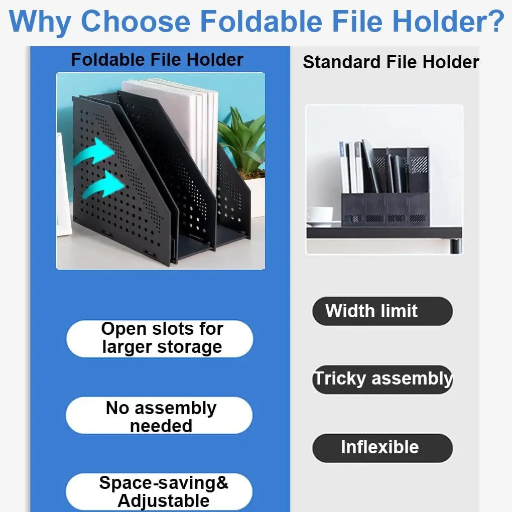 Collapsible 4 Compartment Magazine Holder Desktop Adjustable Sturdy File Dividers Document Cabinet Rack Display (Black)
