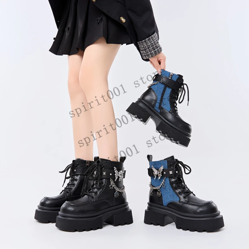 Platform-Bottom Bow-Tie Stylish British-Inspired Fashionable Casual Lightweight Rider Boots Thick-Heeled Cosplay Ankle Boots