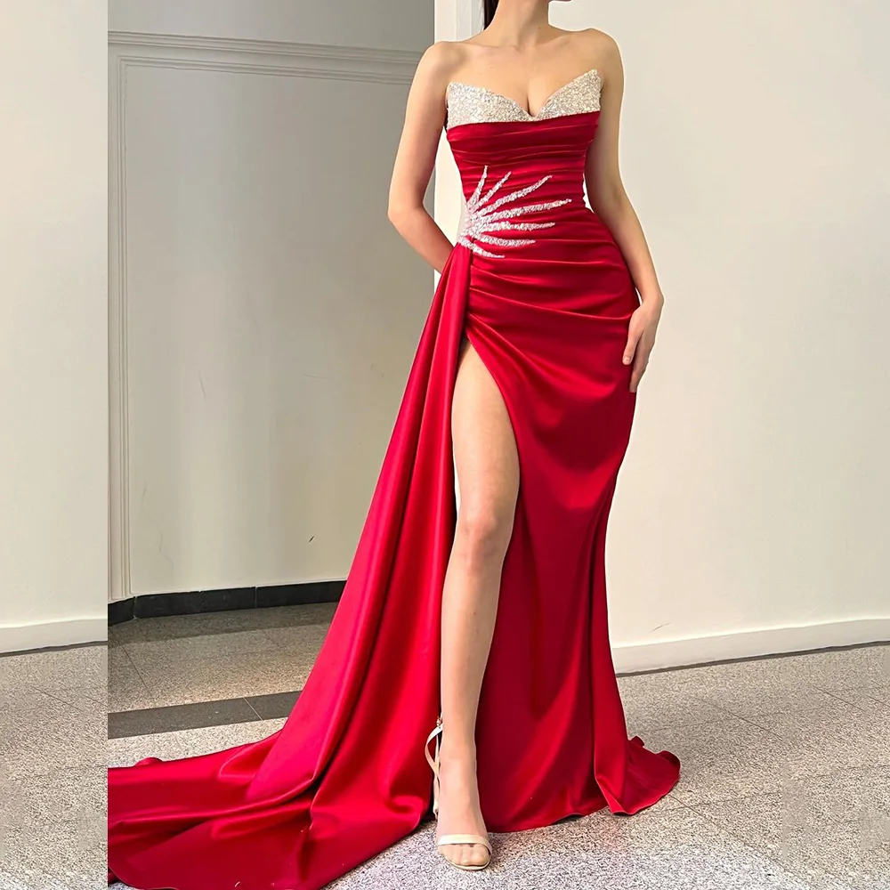 

Customzied Modest Off -Shoulder Satin Pleated Formal Prom Dress for Women Beaded Crystal Sweep Court Prom Gown with Side Slit