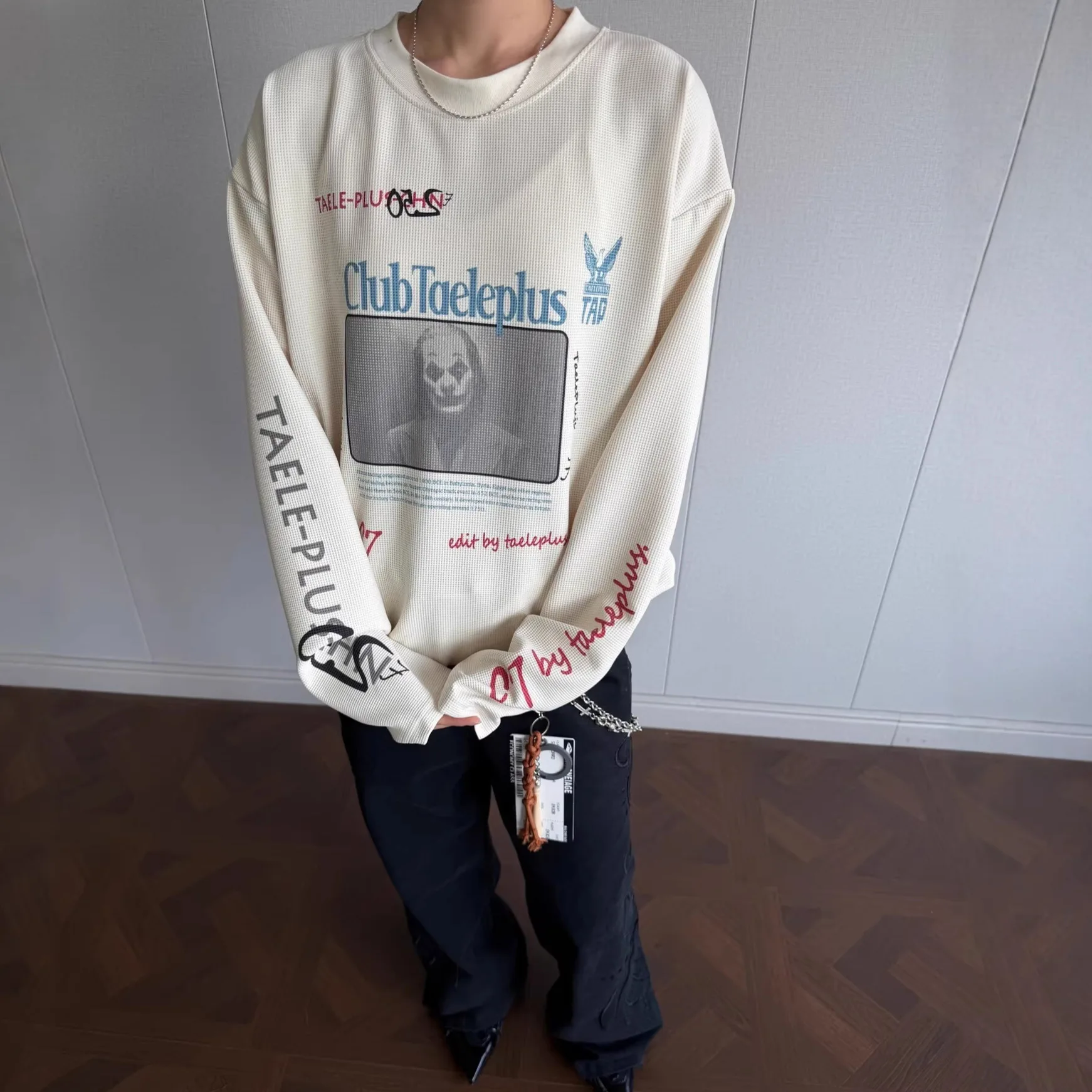 2026 New American Streetwear Clown Print T-Shirt Men Waffle Long Sleeve Tee Personality High Street Vintage Tops