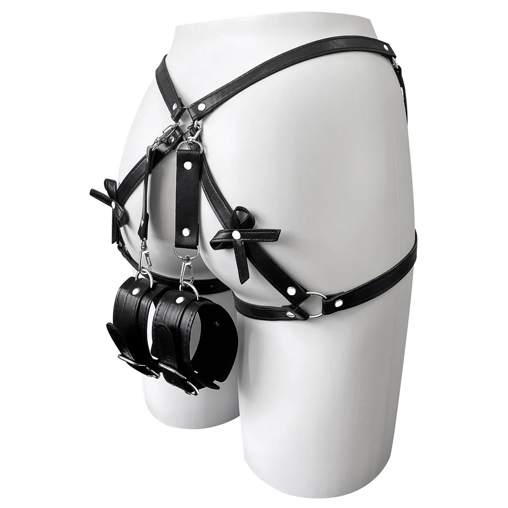 Sexy Leg Harness Garter Belt PU Leather Lingerie Thigh Woman Bondage Metal Buckle Bow Gothic Fetish Festival Rave Outfit Panty