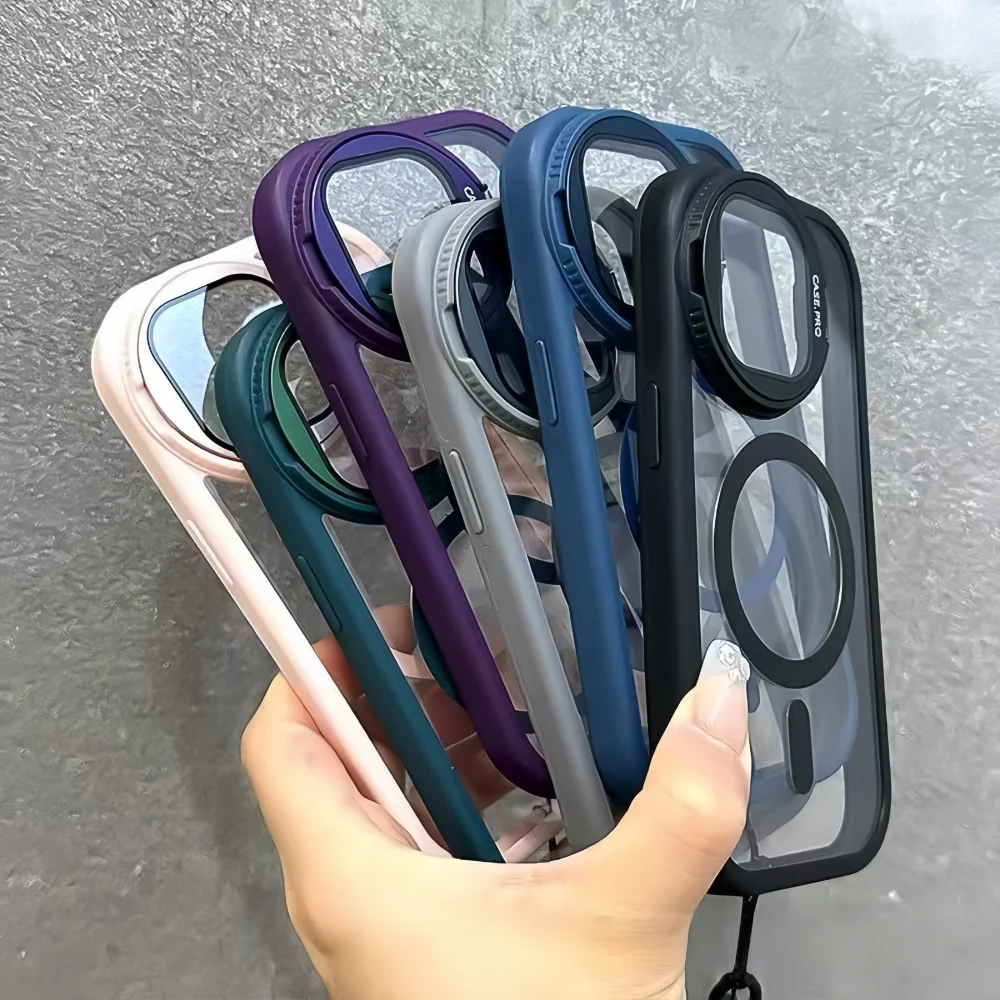 Fold Glass Lens Stand Magnetic Transparent Case For iPhone 17 13 12 11 Pro Max 16 15 14 Plus Air For Magsafe Shockproof Cover