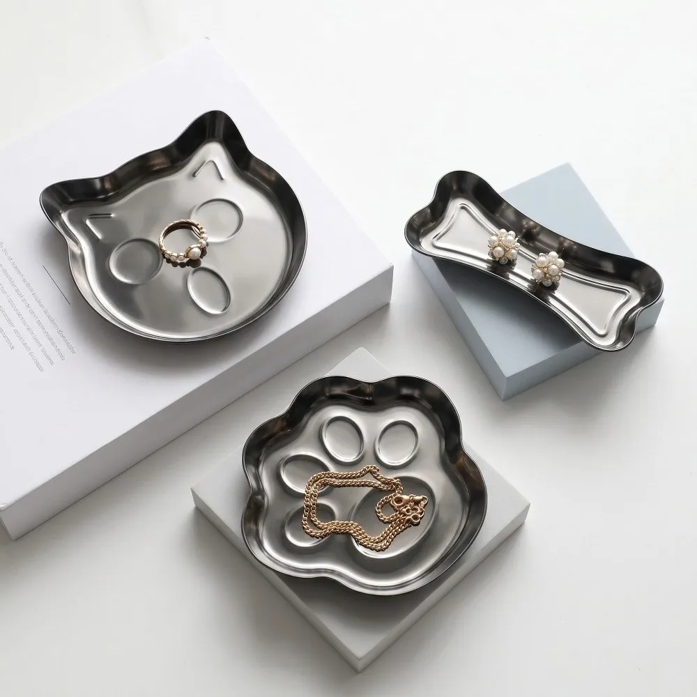 3pcs Stainless Steel Kitten Jewelry Tray Trinket Dish Small Cat Paw Ring Holder Earphone Key Organizer Decorative