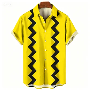 2026 Simple Yellow Background, Fine Black Wavy Hem, Short Sleeved Shirt, Retro Casual Men's Shirt - view 3
