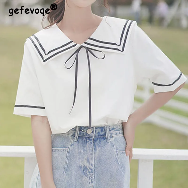 Korean College Sweet White T-Shirt Harajuku Sailor Collar Tops Fashion Japan Student Women Clothes Summer Solid Casual Pullovers