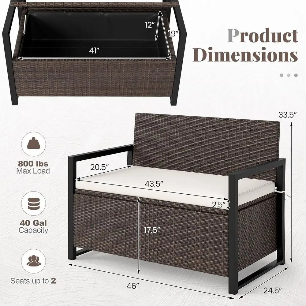 Wicker Outdoor Bench with Storage - Rattan Deck Box w/Protective Liner or Pillows, Pool Supplies, Garden Tools, Patio Loveseat w