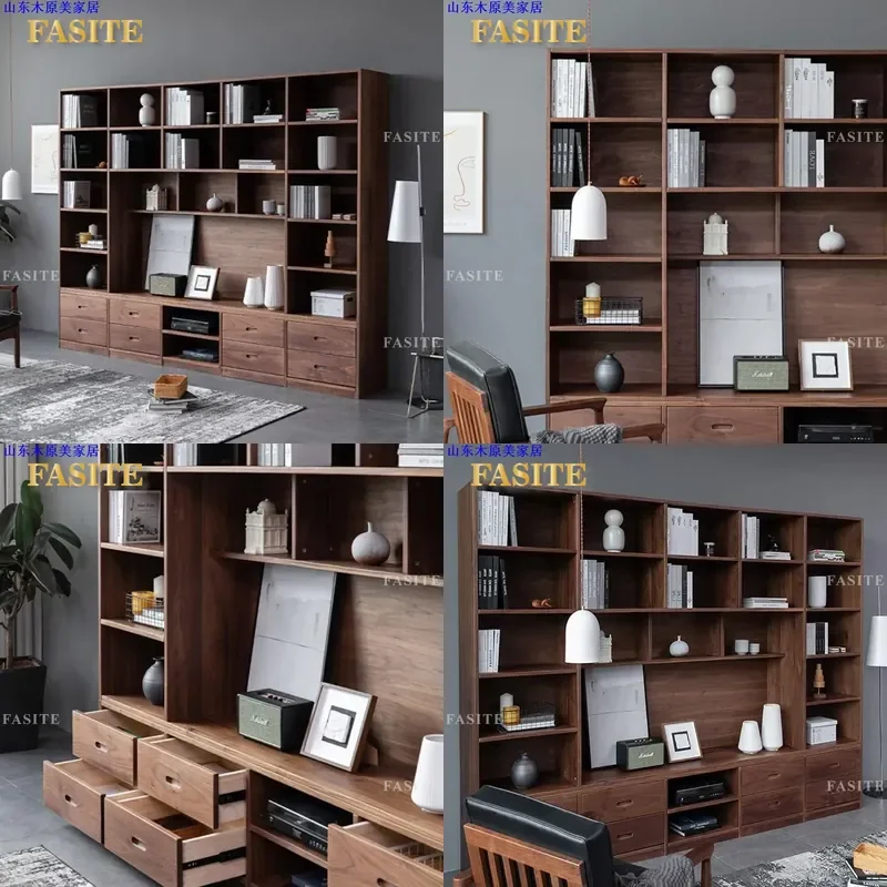 For Nordic Solid Wood Black Walnut Bookcase Modern Simple Japanese Log Cherry Wood Bookshelf Full Wall Storage Cabinet