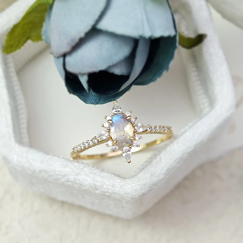 LAMOON Natural Labradorite Ring For Women Gemstone Star Ring 925 Sterling Silver Gold Vermeil Jewelry Wedding Engagement Ring