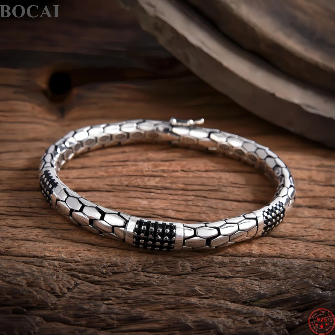 BOCAI New S925 Sterling Silver Charms Bangle for Men Antique Snake Pattern Micro Zircon Creative Bracelets Fine Choice Jewelry