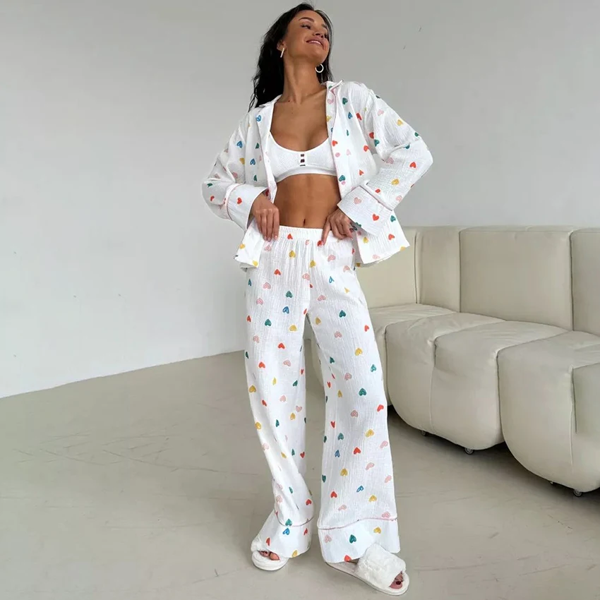 HiLoc Casual Color Heart Printing Pajamas Homewear Cotton Pants Set Women Two Pieces With Long Pants Suits 2025 Ladies Outfits