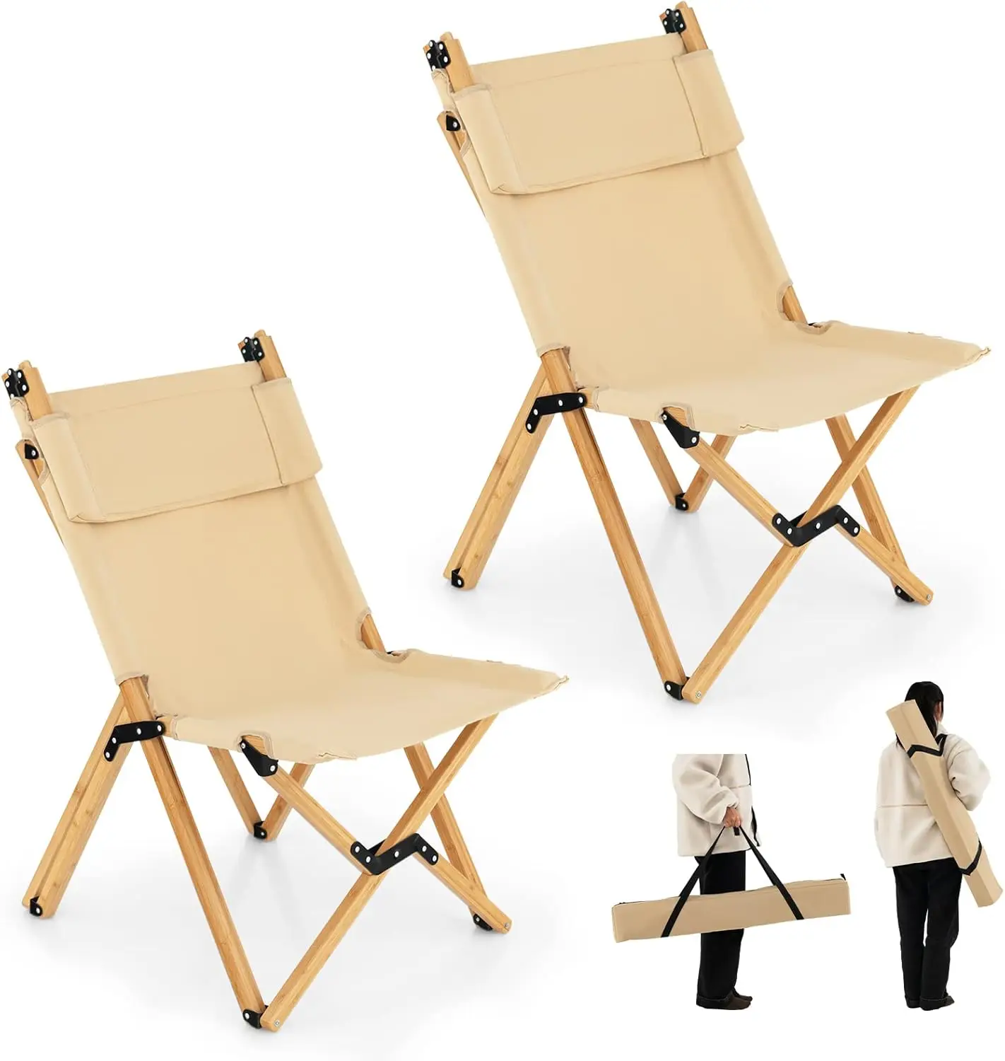 Cadeira dobrável de acampamento, 2 peças, cadeira de praia de madeira de bambu com lona respirável, encosto ajustável de 2 níveis, cadeira dobrável portátil