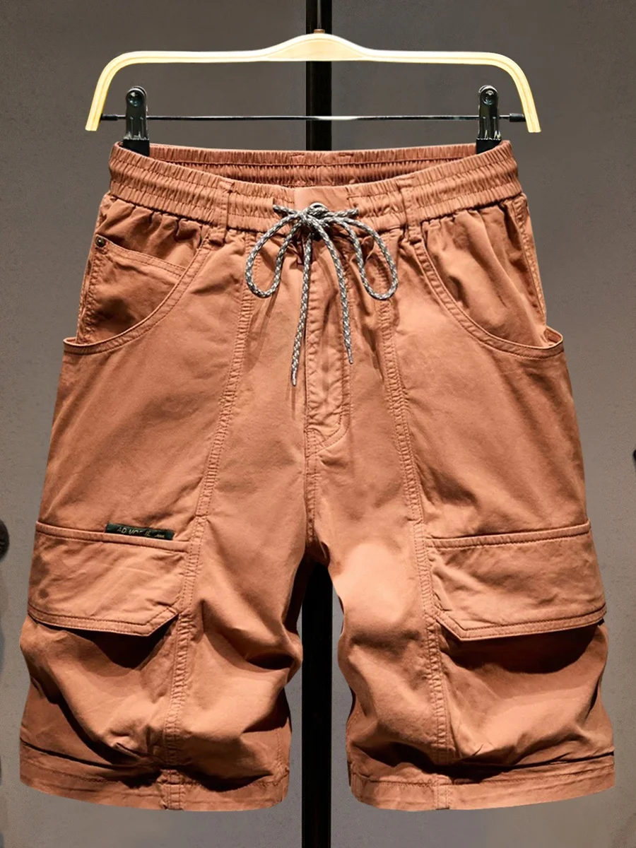 

Мужские летние новые свободные рабочие брюки-карго из высококачественной ткани, цвета карамель, с кольцевым поясом, большие карманы, длина до колена
