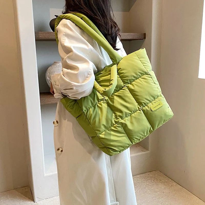 Green Design Puff Bag For Women 2023 Winter Space Cotton Handbag Shoulder Bag Large Capacity Waterproof Oxford Shopper Bag Tote