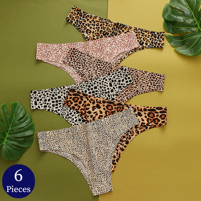 BZEL 6PCS/Set Women\'s Panties Fashion Leopard Bikini Sexy Thongs Seamless Underwear Silk Satin Lingerie Sports Fitness G-Strings