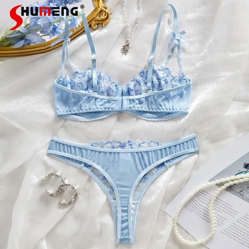Blue Flower Sexy Lingerie Suits for Women Pure Desire Embroidered Bra Set with Underwire Female Push Up Ultra Thin Underwear