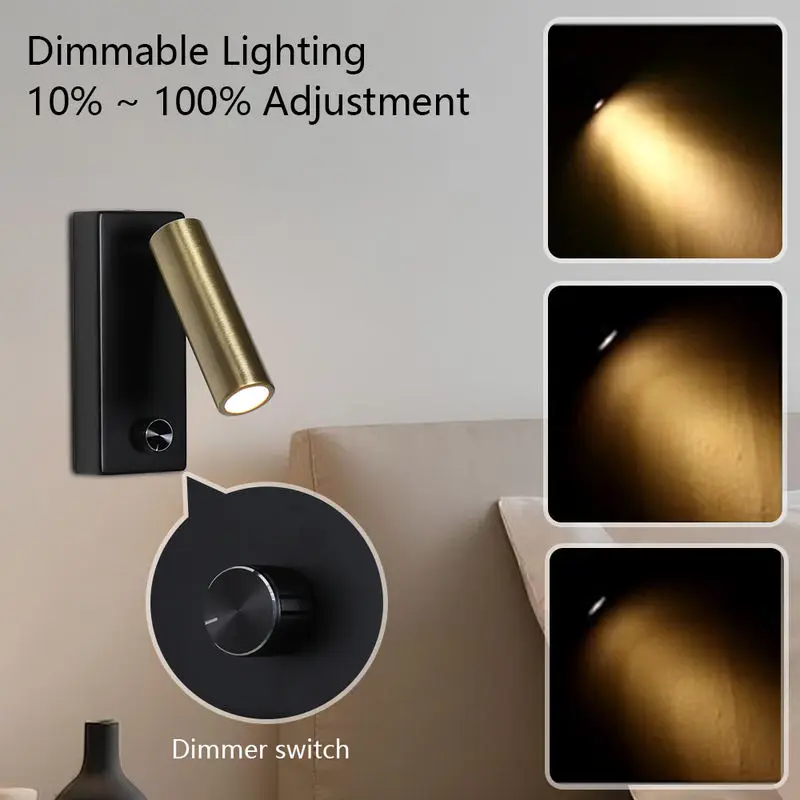Tokili Stepless Dimming Wall Sconce, Eye-Caring LED Reading Light 330° Swivel Spotlight & Twist Knob, Bedside Headboard Lamp 5W
