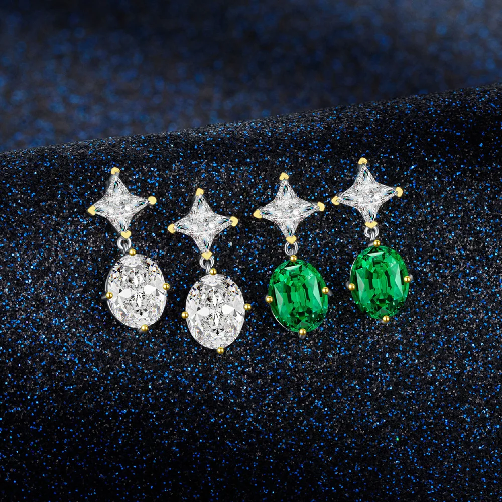 CC Lucky Original New Oval 8 * 10 pigeon egg ice cut emerald diamond earrings female pure silver earrings