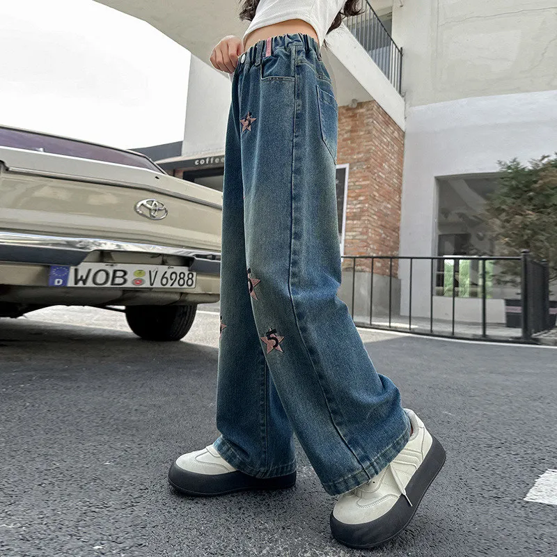 2025 Spring teen Girls Embroidered stars Jeans junior kids Elastic waist NO5 trousers Design jeans cargo fille child clothes 14