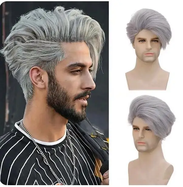 Peluca corta sintética para hombre, color gris plateado con flequillo, Natural, suave, transpirable, en capas, para Cosplay diario