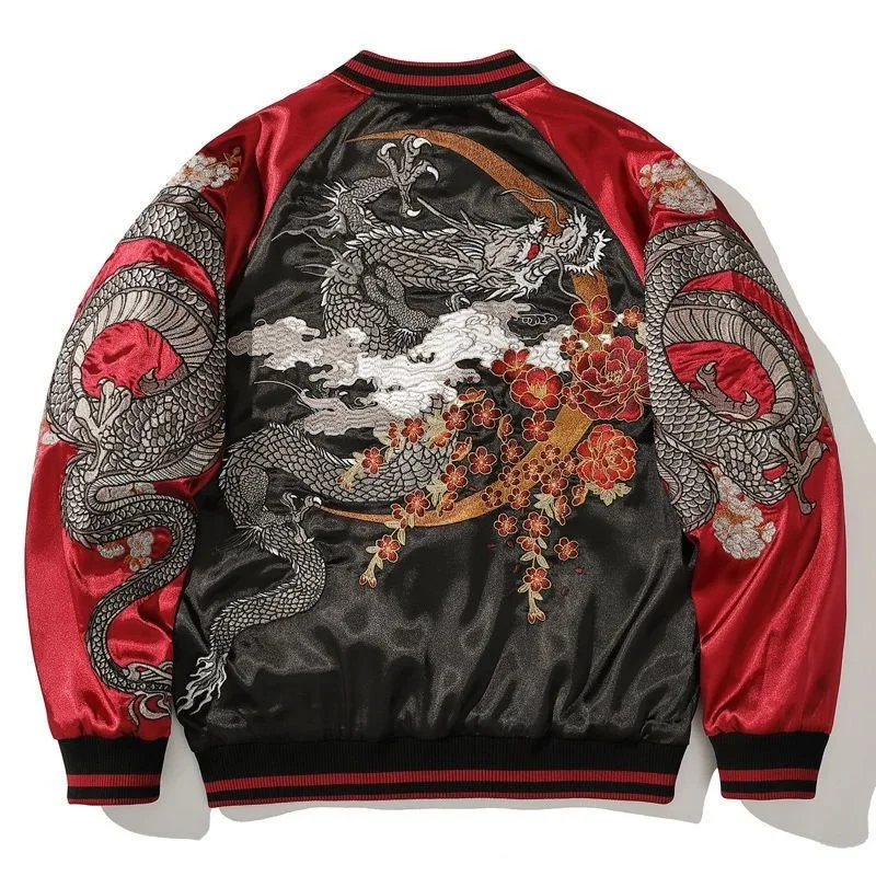 Haftowana kurtka hip-hopowa Dragon Contrast Color High Street Baseball Coat Harajuku Modna odzież wierzchnia Luźna kurtka dla mężczyzn