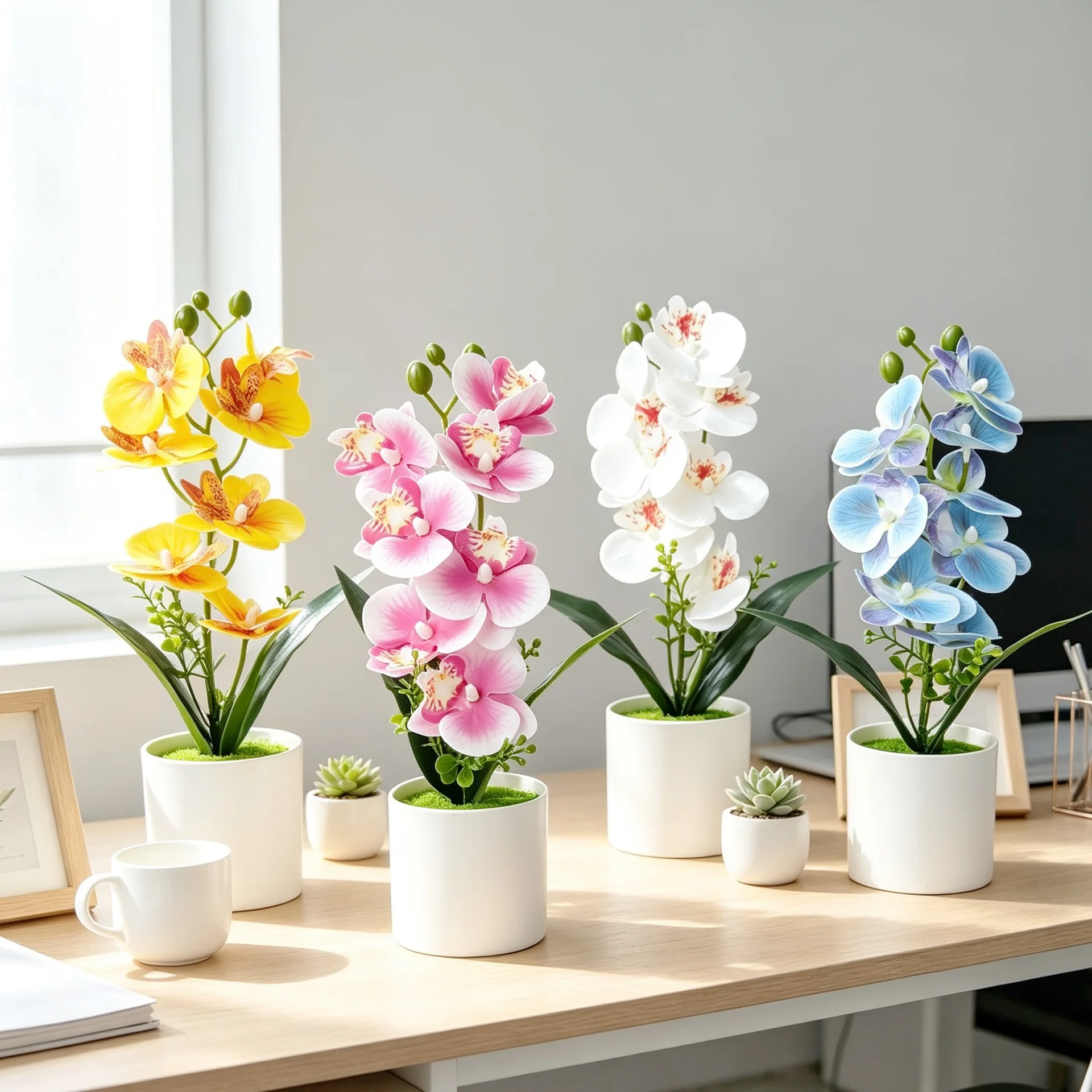 Artificial Phalaenopsis in Matte White Pot for Decorative Use in Residential Commercial Spaces with Consistent Visual Appeal