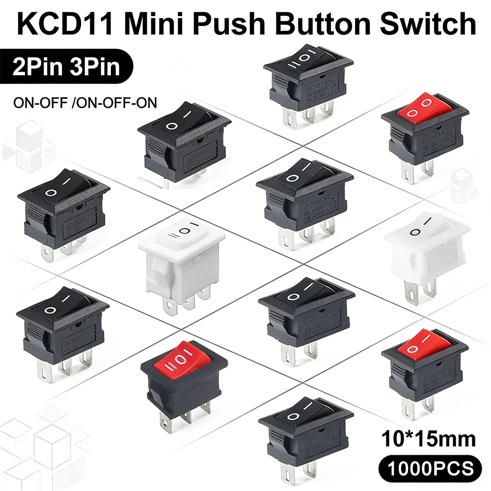 

1000 шт. мини-кнопочный переключатель KCD11 10*15 мм, тумблер 2-контактный 3-контактный ON-OFF / ON-OFF-ON 10x15 мм, черный, красный, белый KCD1-11 101 117S