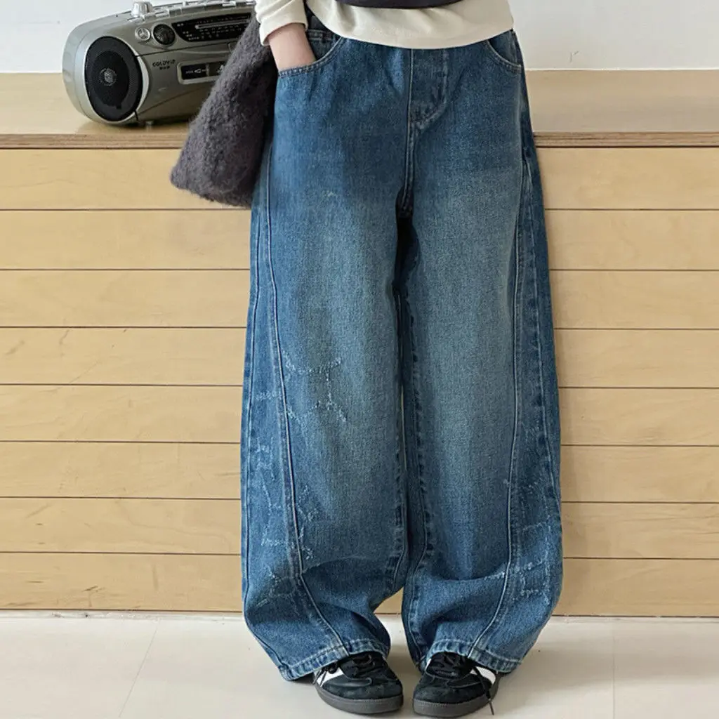 Jeans Pants Denim Trousers Kids Clothes 2025 Spring Autumn Western Style Versatile Boys Girls Loose Straight Leg Wide Leg Trendy