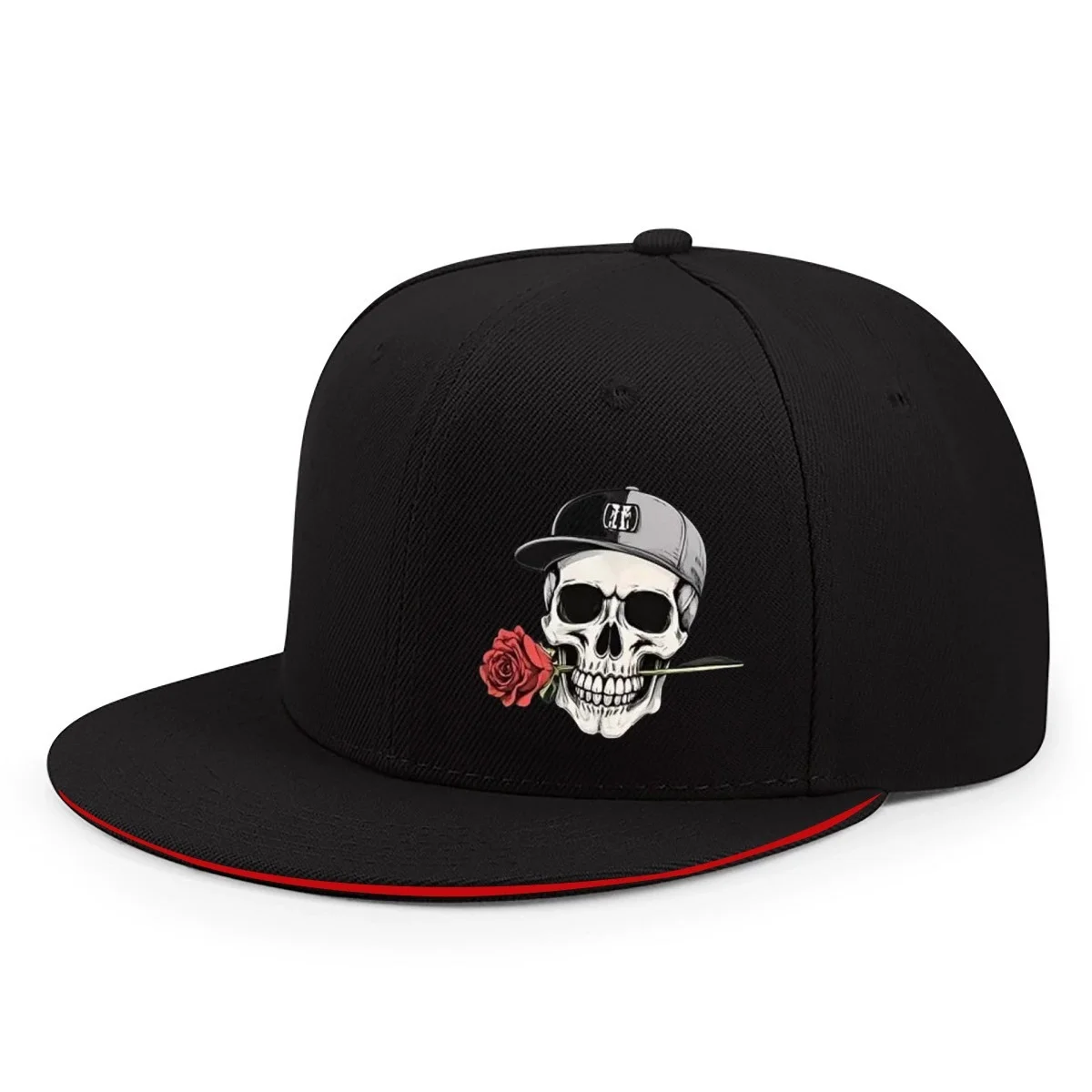 Neue verstellbare Hip-Hop-Baseballkappe mit Totenkopf- und Rosenmotiven im Vintage-Stil mit flachem Schirm für Outdoor-Street-Sportarten. – Detail 4