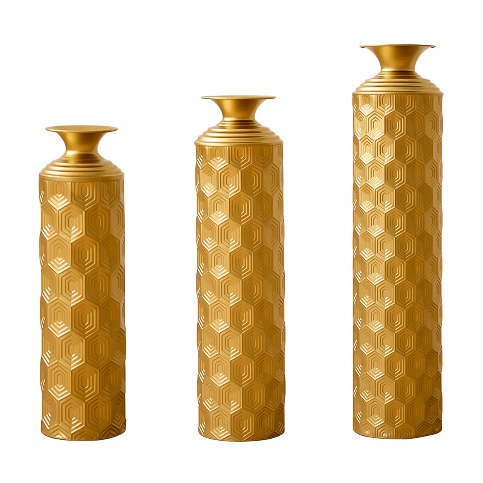 3-Piece Modern Gold Metal Floor Vase Set, Hexagon Textured, 33.46