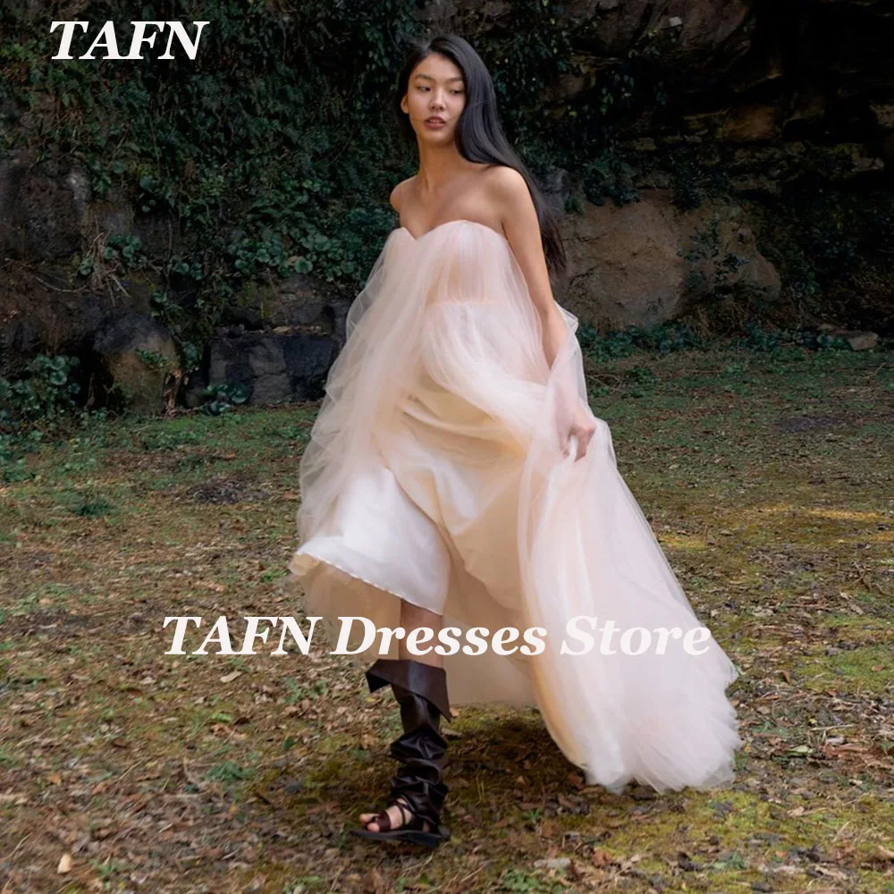 

TAFN Baby Pink Wedding Shoot Dresses A-line Tulle Korea Photo Shoot Bridal Gown Custom Made A-line Strapless Evening Dresses