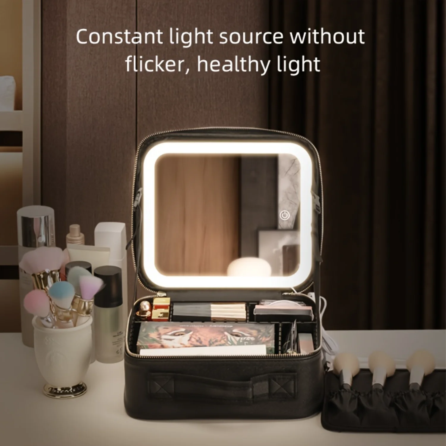 3-Color LED Lighted Makeup Case with Adjustable Dividers & Mirror - Portable Beauty Station for Travel Makeup Bag