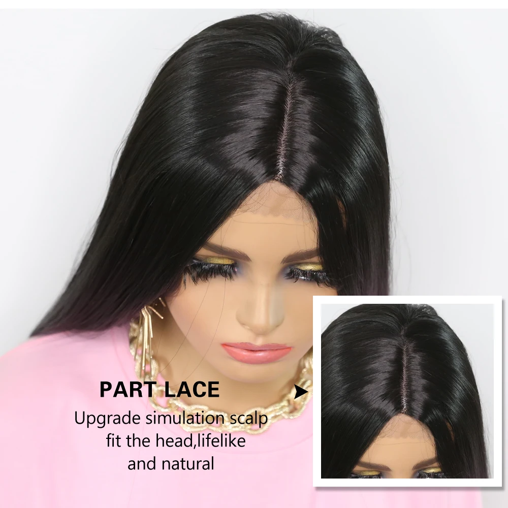 Sivir Synthetic Wigs for Women Long Straight Black color Middle Part Lace Hair Heat Resistant Fiber Natural Looking