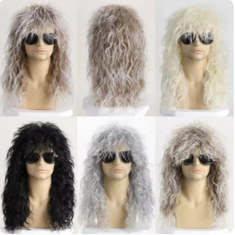 Fashionable punk metal rock style long curly synthetic hair wig for men, naturally voluminous
