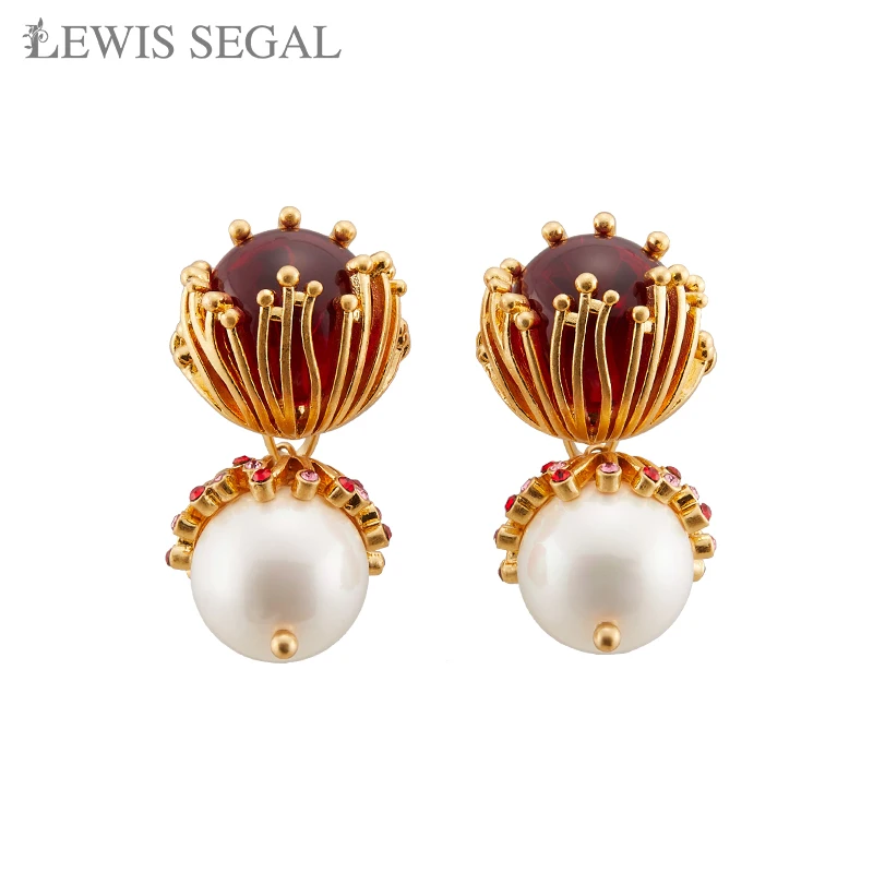 

LEWIS SEGAL Retro Ruby Pearl Drop Earrings for Women Medieval Style Luxury Fine Jewelry 18K Gold Plated Casual Party Gift