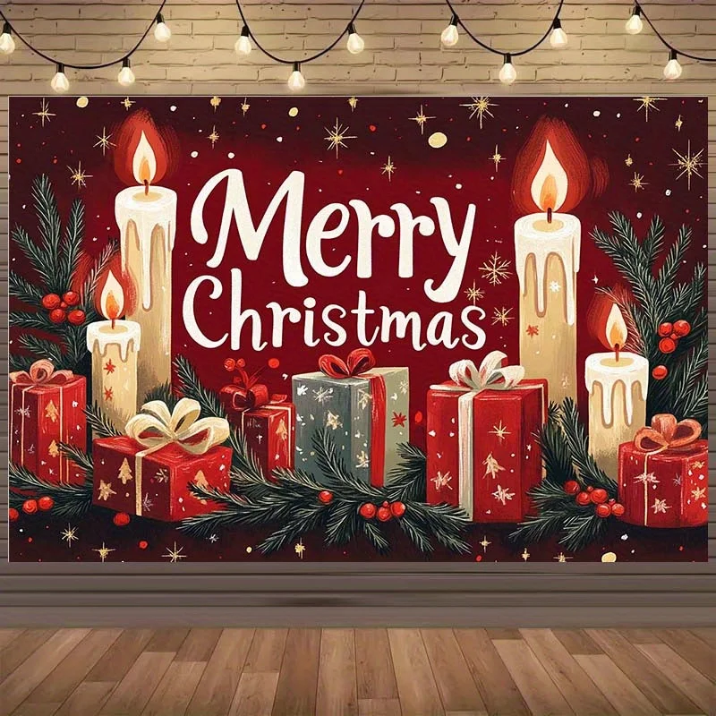 Merry Christmas Tapestry, Candle Gift Box Wall Hanging, Red Holiday Decor, Festive Party Backdrop, Cozy Winter Room Blanket