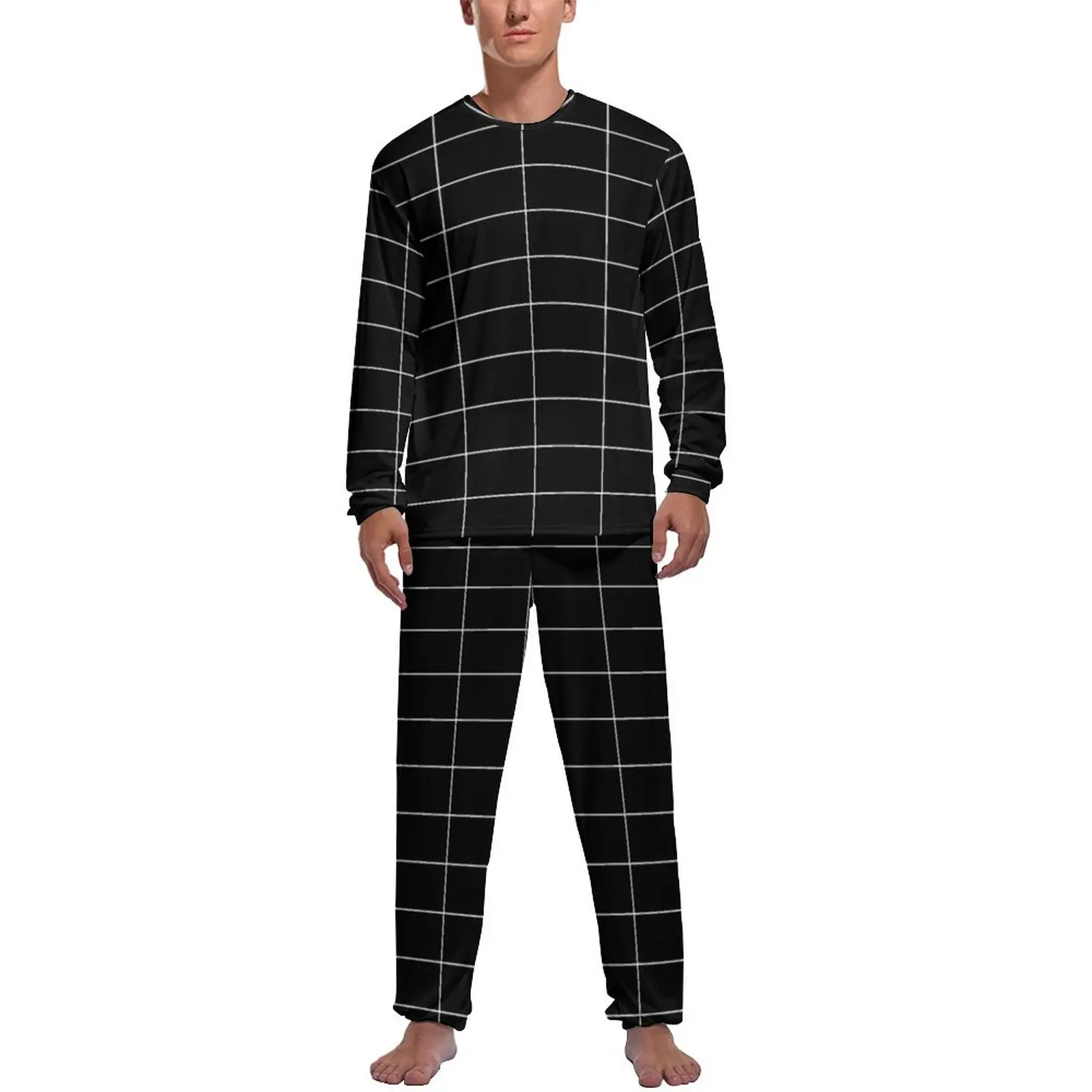 Vintage Nordic Lines Pajamas Spring Long Grid Black Leisure Home Suit Male 2 Pieces Custom Long Sleeve Soft Pajamas Set