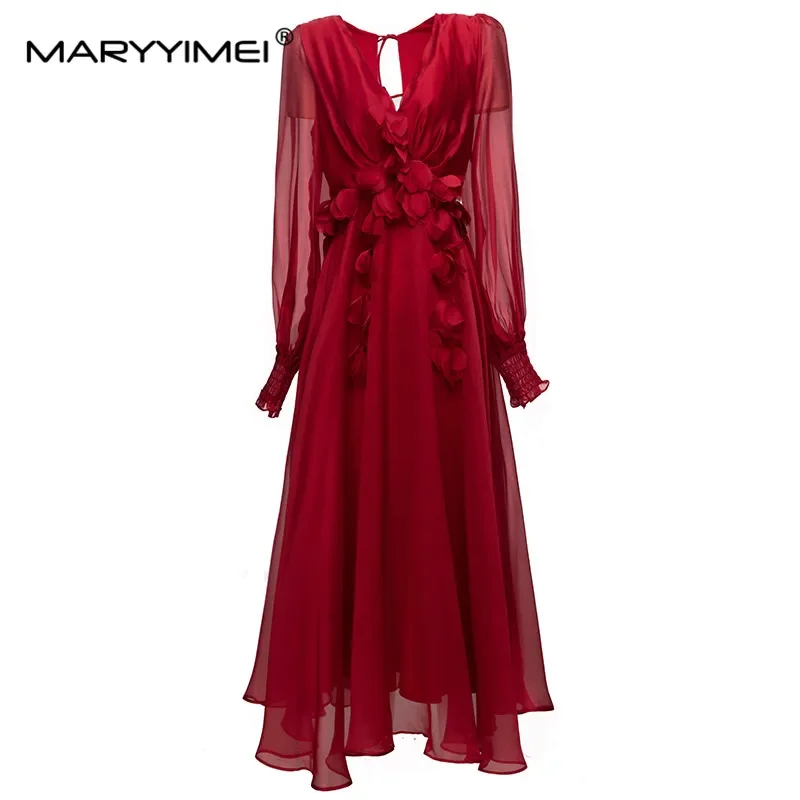 

MARYYIMEI Fashion Designer Autumn Women's dress Long sleeved V-neck Applique Slim Elegant Party Holiday Long Dresses