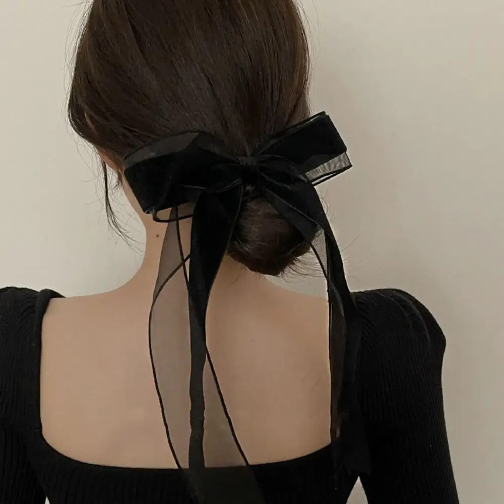 French Black Hair Bows Hair Clip Ribbon Velvet Hairpin Hepburn Style Long Tulle Hair Ring Lady Girls