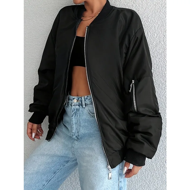 เสื้อแจ็คเก็ตบอมเบอร์แฟชั่นสไตล์สตรีทแขนยาวสำหรับฤดูใบไม้ผลิและฤดูใบไม้ร่วง เสื้อสเวตเชิ้ตซิป เสื้อคลุมลำลองสีพื้นสำหรับผู้หญิง
