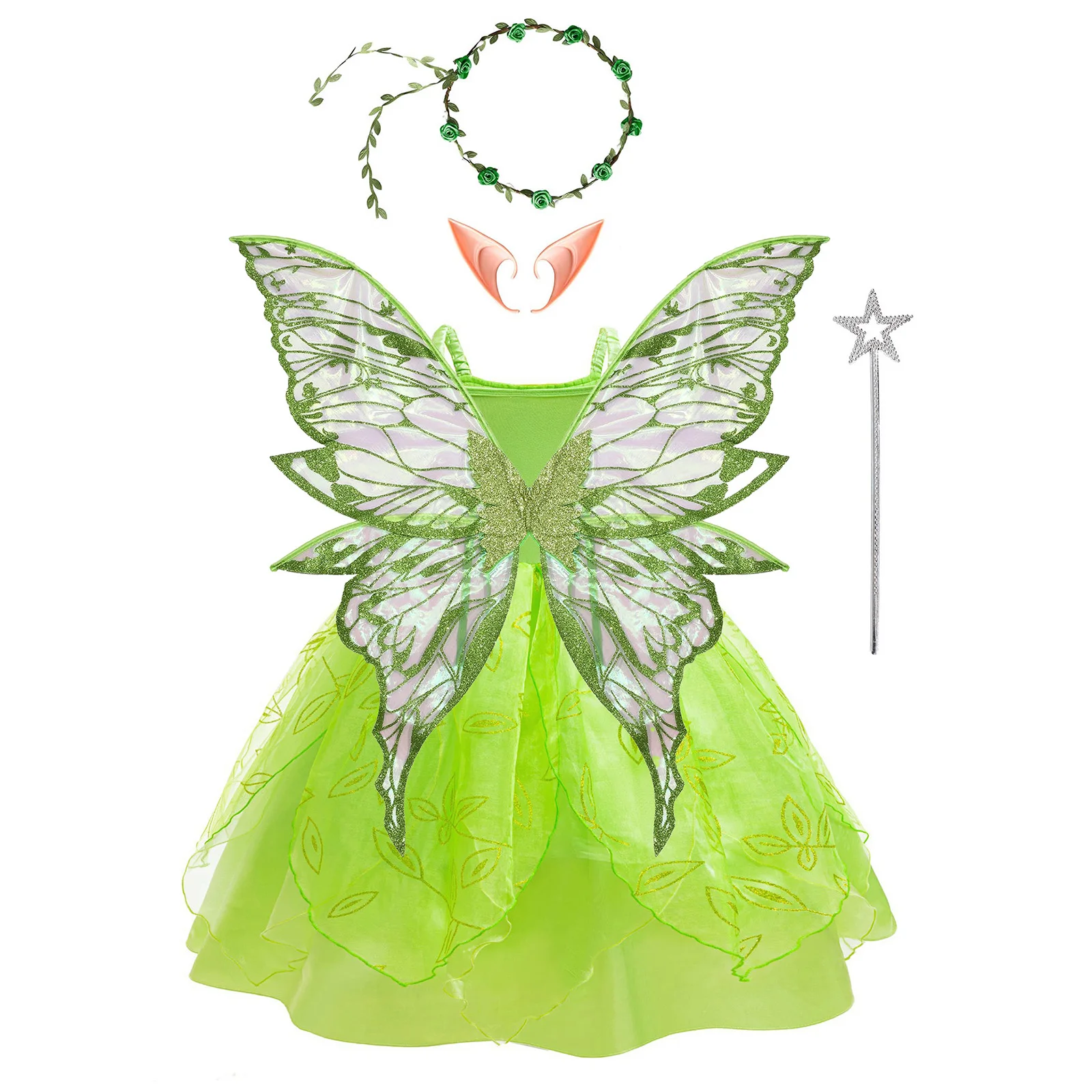 Halloween Fairy Tale Elf Costume Kids Girls Green Sequins Mesh Tutu Ballet Dance Dress with Wings Birthday Performance Outfits