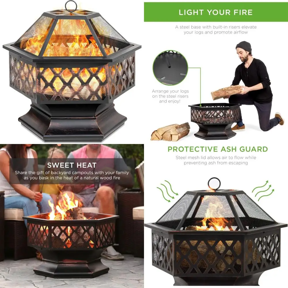 

Hex-Shaped 24in Steel Fire Pit, Black Metal Wood Burning Firepit, Portable Hexagon Fire Bowl for Outside, Patio, Backyard w/Fla