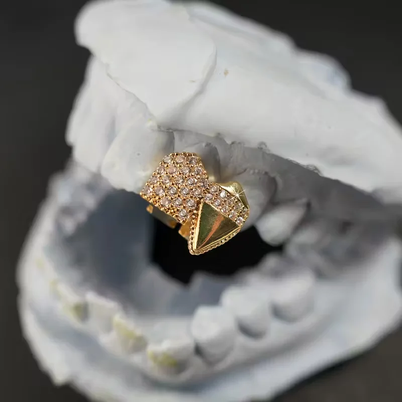 1Pcs Hip Hop Grillz for Men - Single Tusk Copper Synthetic Zirconia Jewelry with Statement for Parties & Casual Attire